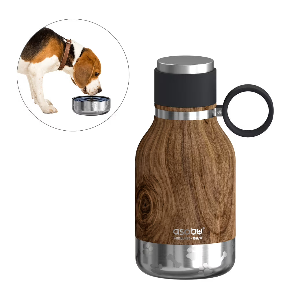 33 Ounce Stainless Steel Insulated Travel Bottle with Dog Bowl (Natural Wood) V174647
