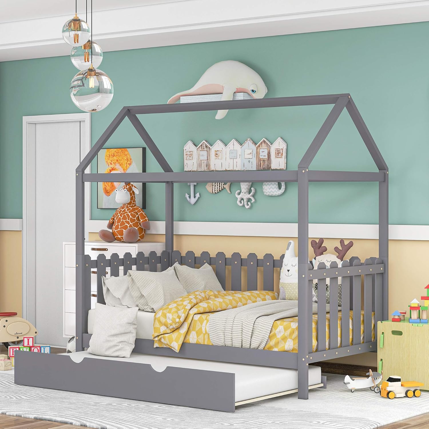 White Twin House Shape Wooden Floor Bed with Trundle Y607