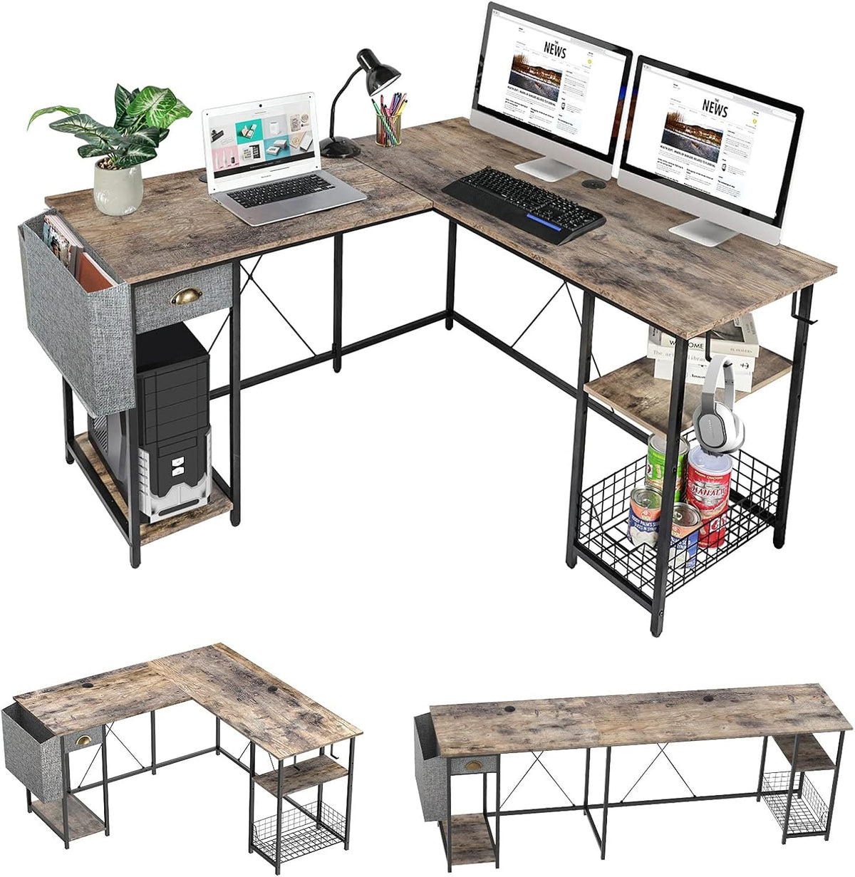 L-Shaped Computer Desk with Storage Shelves Drawer J7690