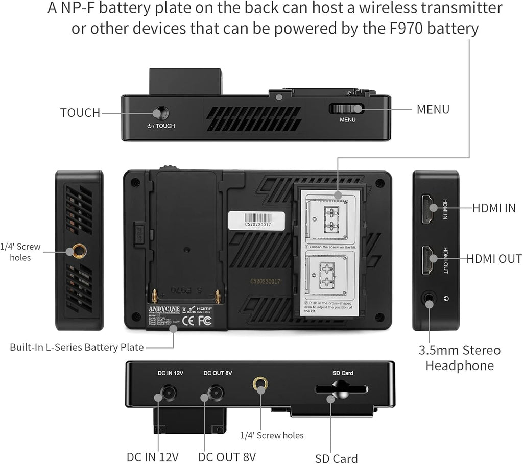 5.5 Inch 3000nit Touch Screen On-Camera Field Monitor with F970 External Power 4K HDMI Input Output R2775