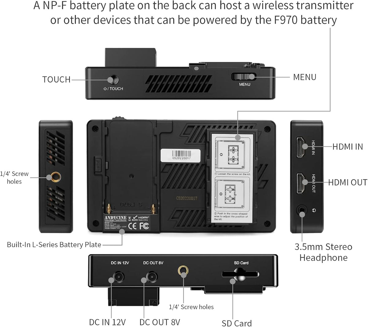 5.5 Inch 3000nit Touch Screen On-Camera Field Monitor with F970 External Power 4K HDMI Input Output R2775
