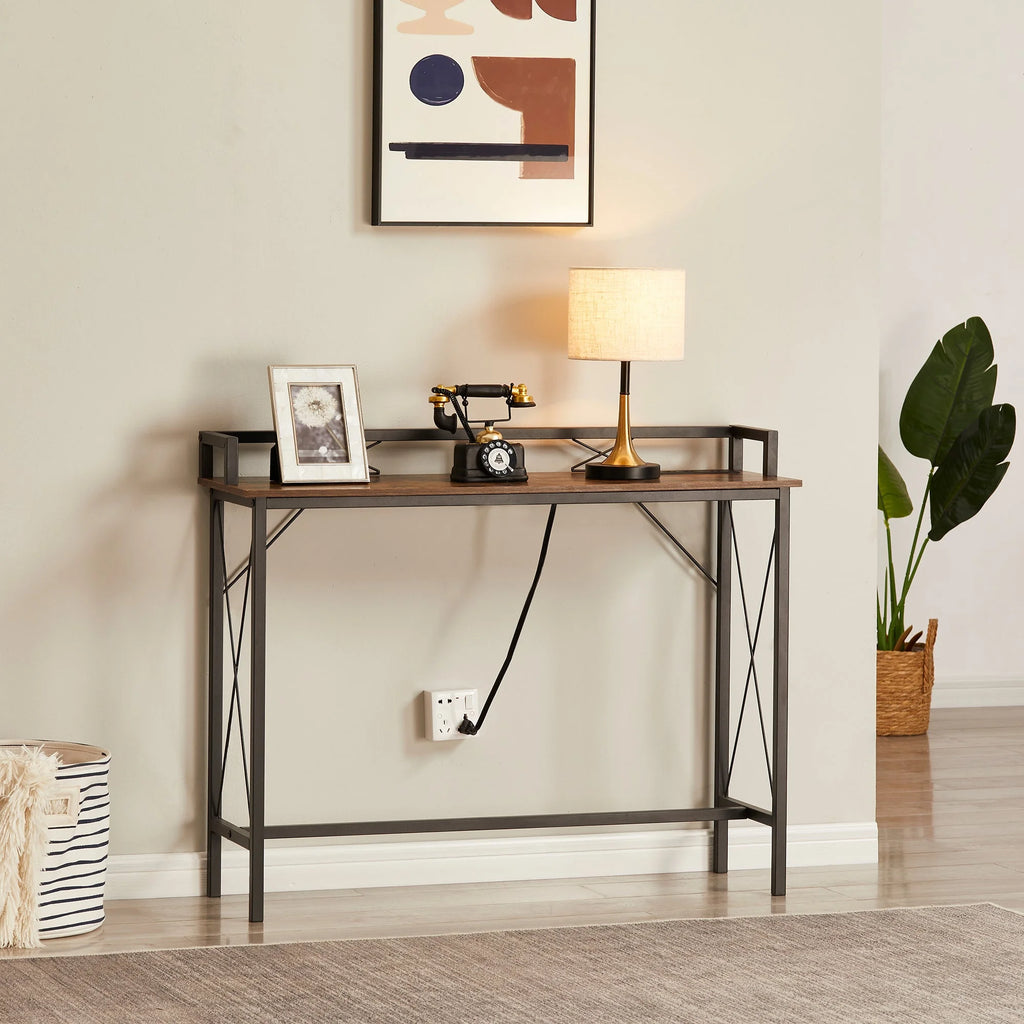 39.4" Console Table with 2 Outlet and 2 USB Ports, Industrial Style Sofa Table, Brown V81630