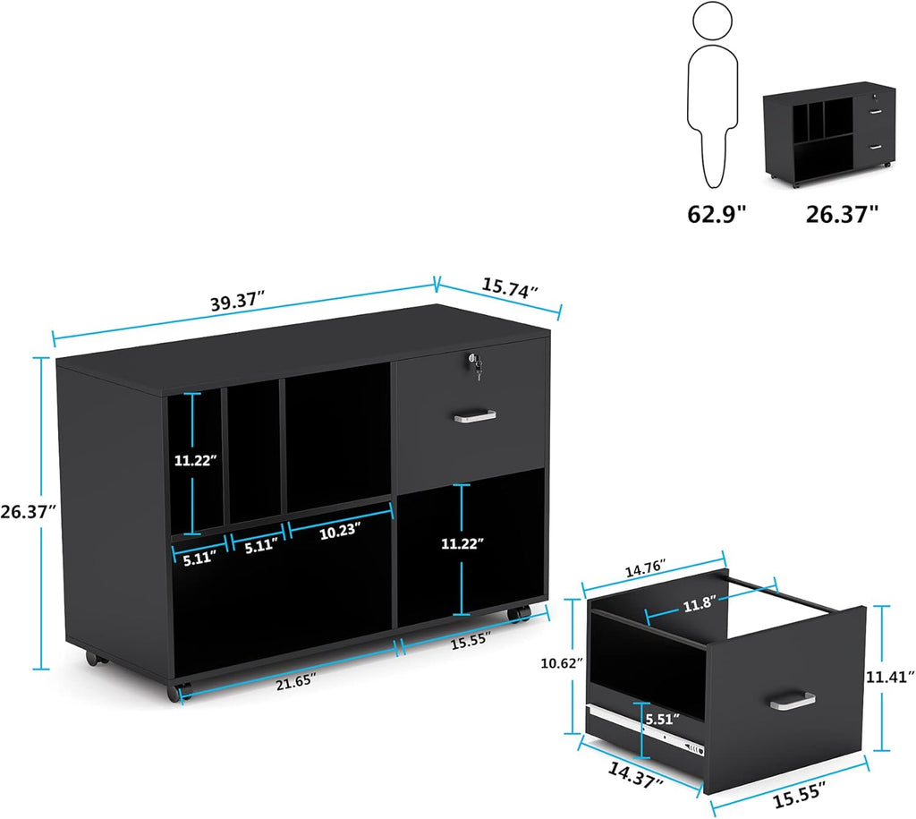 Black Lateral File Cabinet with Lock and Wheels U663200