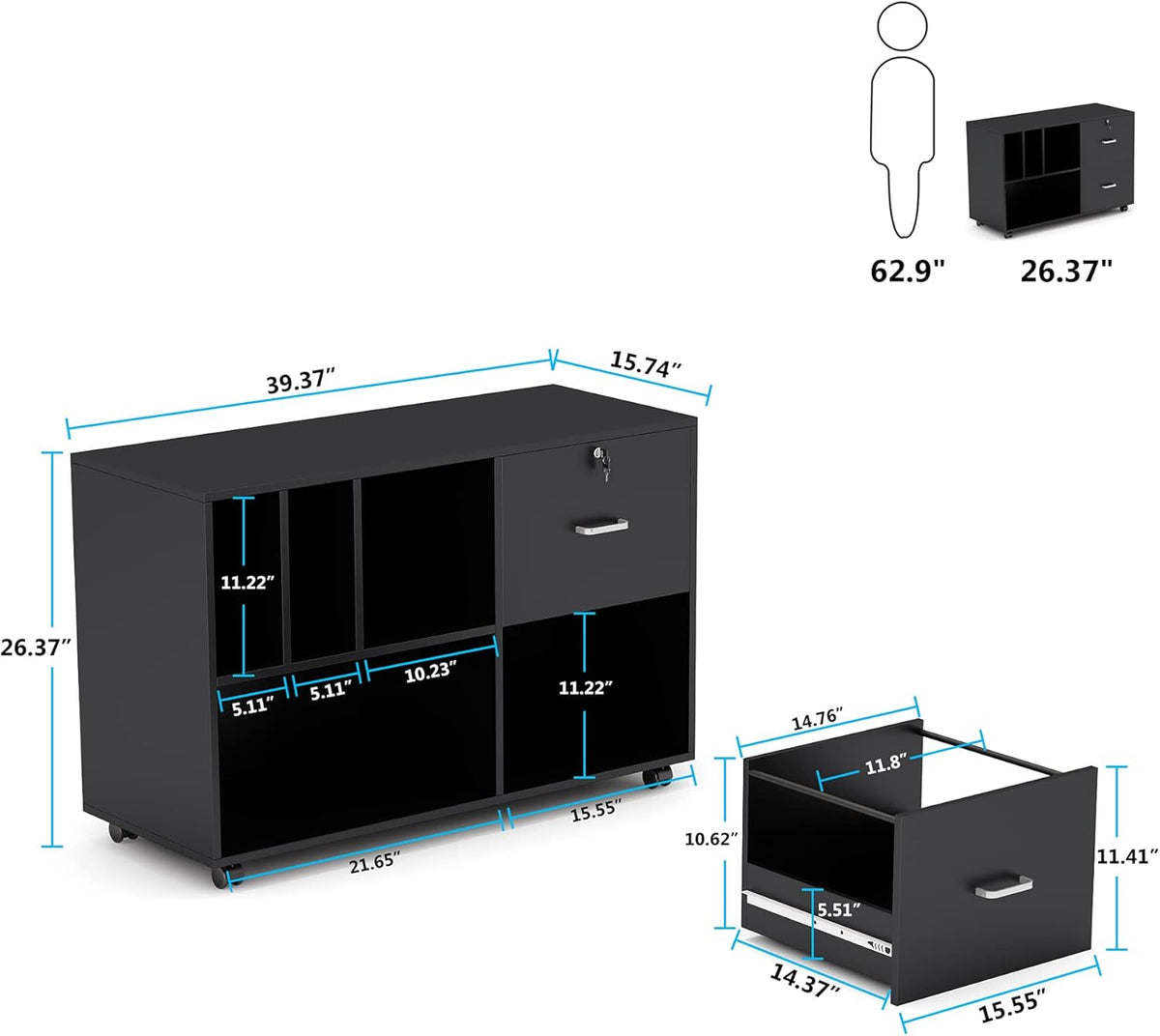 Black Lateral File Cabinet with Lock and Wheels U663200