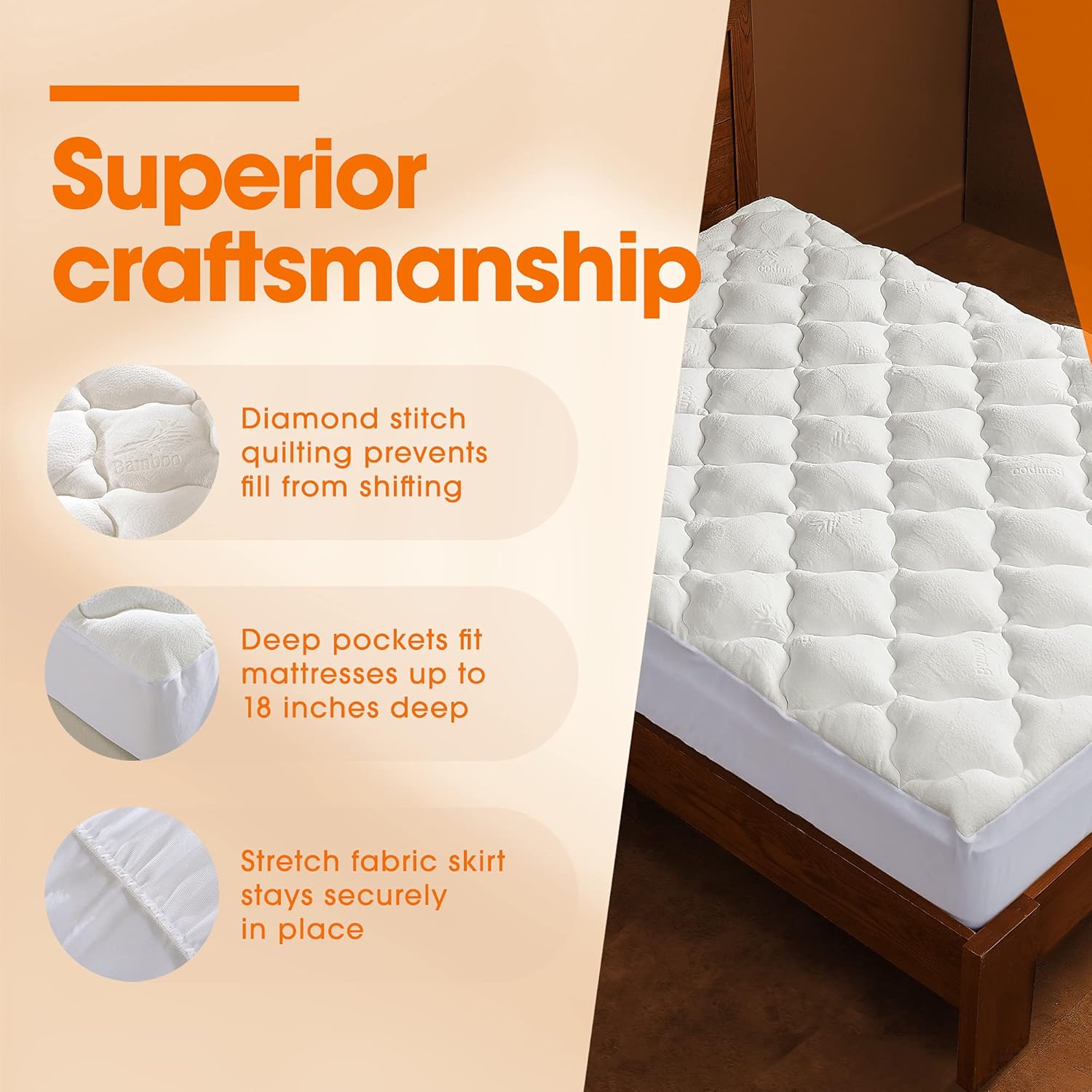 California King Plush Bamboo Fitted Mattress Topper Protector E287347