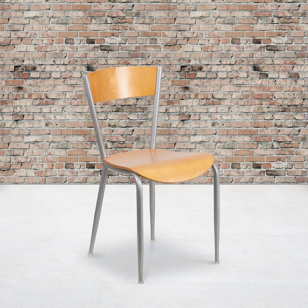 2 Pack Silver Metal Restaurant Chair with Natural Wood Back and Seat T9707