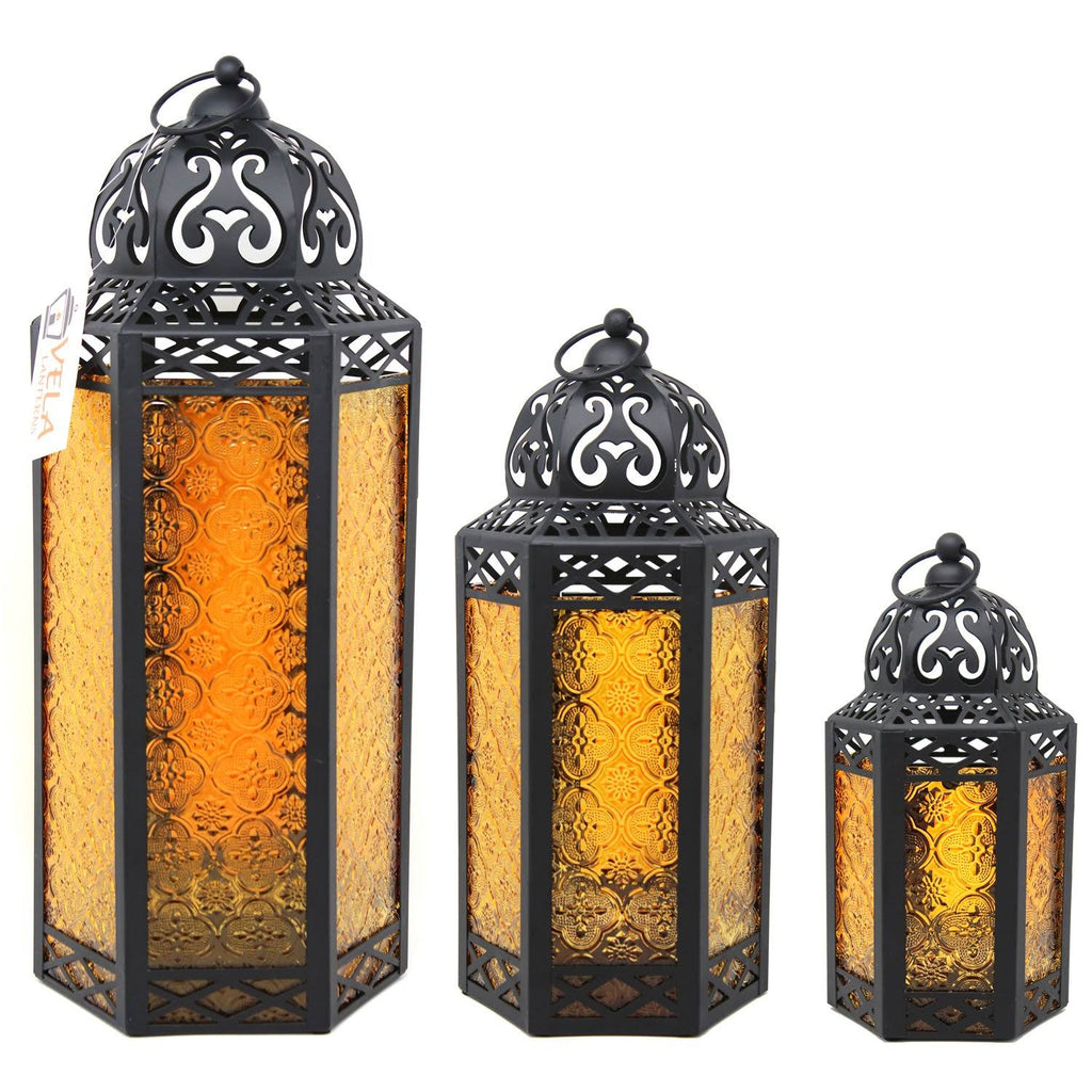 Set of 3 Amber Glass Candle Lanterns X49208
