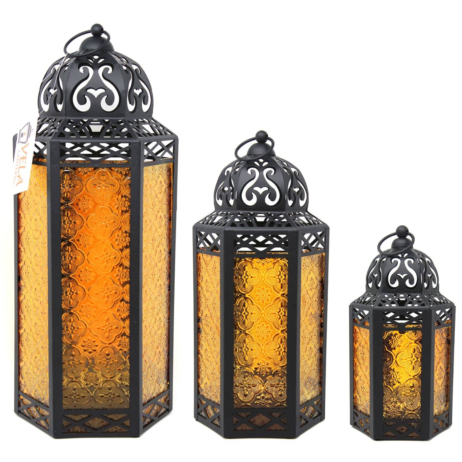 Set of 3 Amber Glass Candle Lanterns X49208