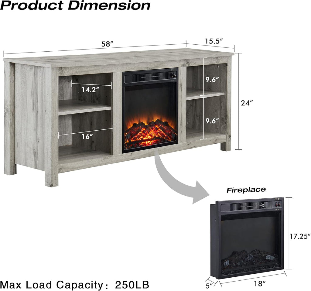 Light Grey Farmhouse Wooden TV Stand with Electric Fireplace Z766