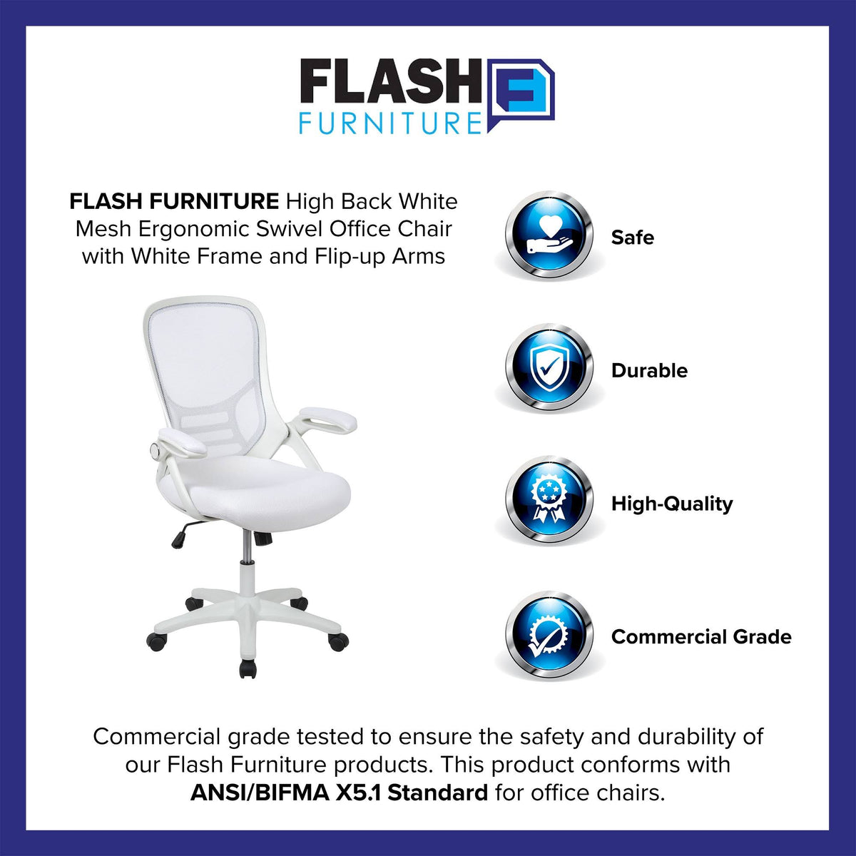 White High Back Mesh Ergonomic Swivel Office Chair with Flip Up Arms U110