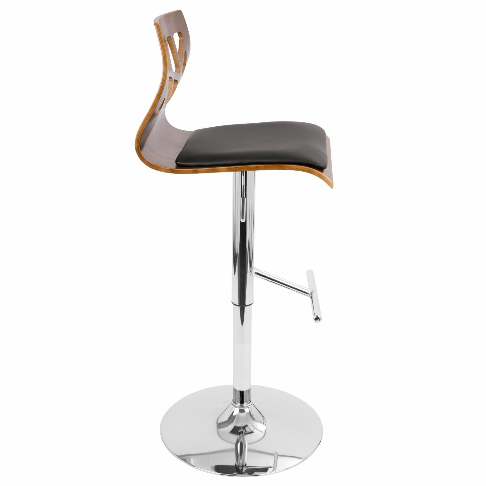 Set Of 2 Swivel Barstool In Chrome, Walnut Wood And Black Faux Leather S34976