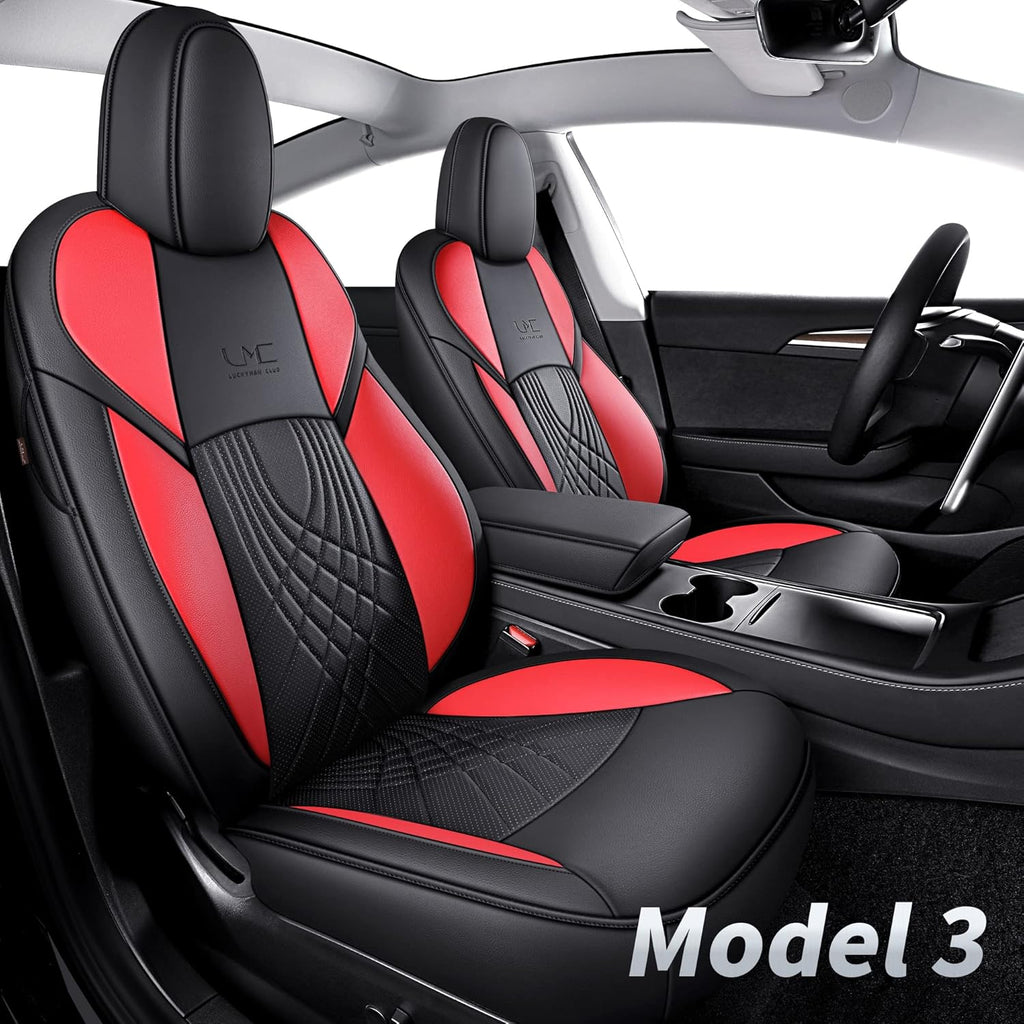 Tesla Seat Covers Full Set Water Proof Faux Leather Black Red M9930