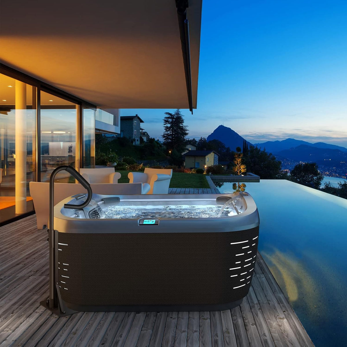 Black Heavy Iron Hot Tub Handrail with Slide-Under Mount Base D991