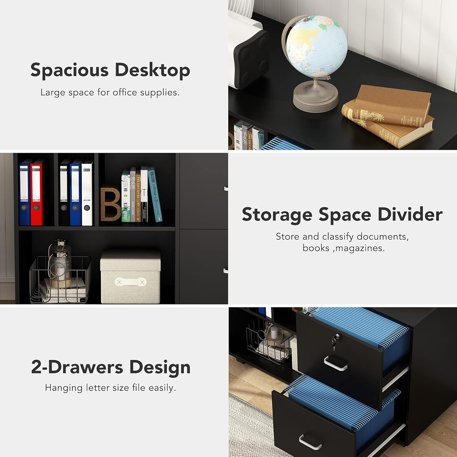 Black Lateral File Cabinet with Lock and Wheels U663200