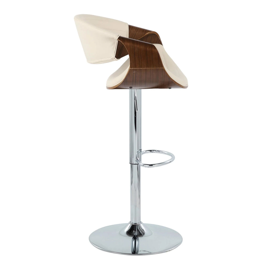 Set of 2 Adjustable Swivel Barstool in Chrome Metal, Walnut Wood and Cream Faux Leather I821685