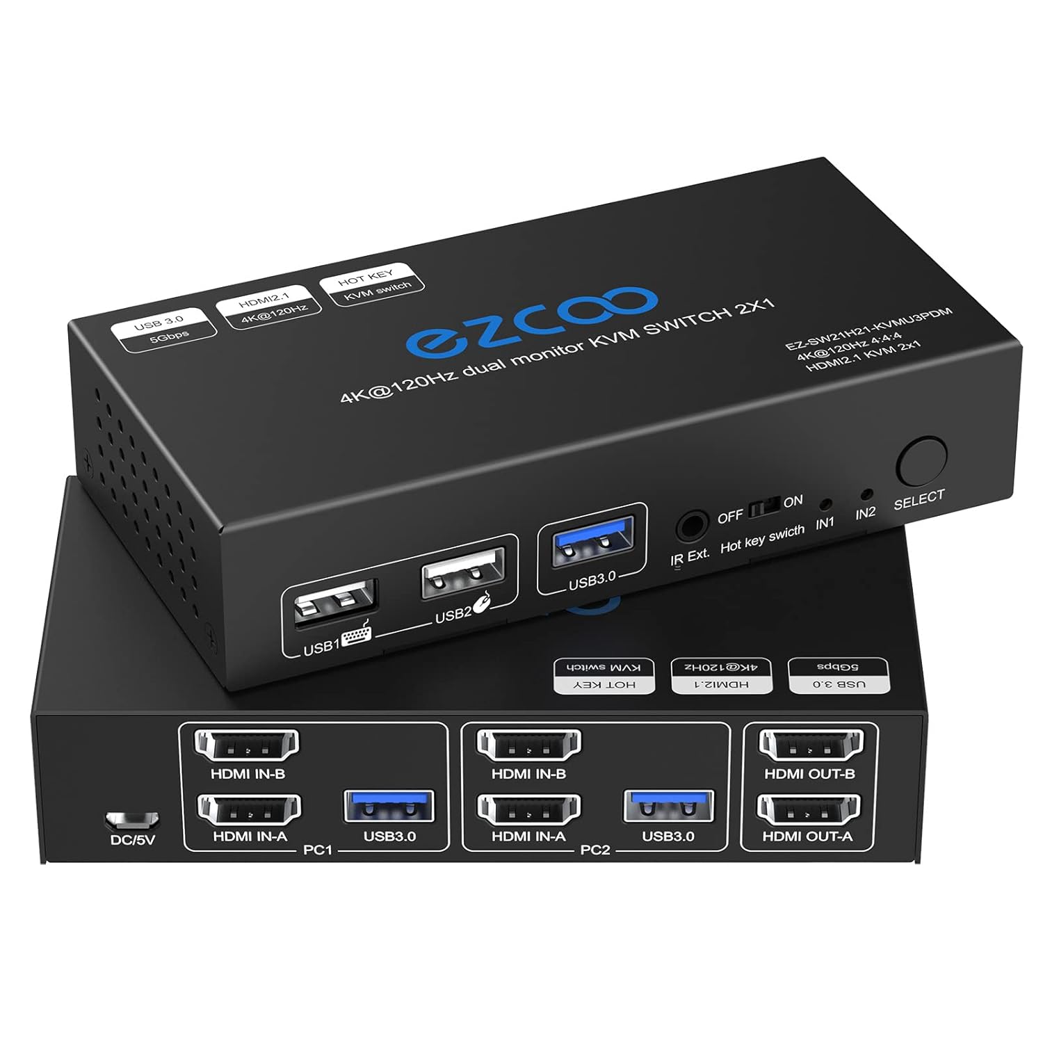 KVM Switch HDMI 2 Input Dual Monitor 4K 120Hz 8K Hot Key IR Remote 2 Computer 2 Monitor Keyboard Mouse Printer, 2 USB3.0 Cable, IR Extender, HDMI2.1 HDCP 2.3 G482