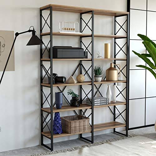 Industrial Bookshelf Double Wide 6-Tier Open Bookcase V53760