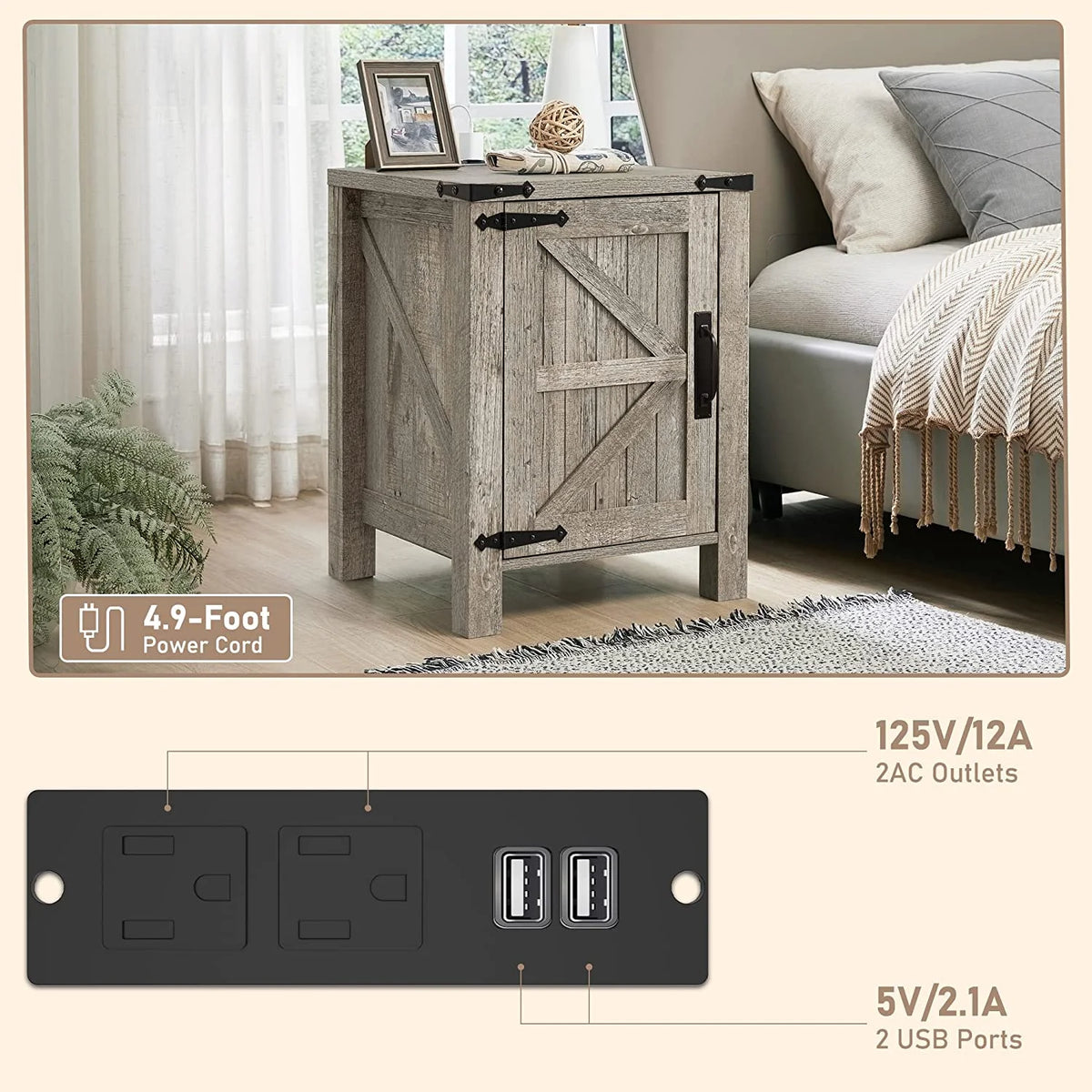 Farmhouse Square End Side Table with Charging Station S7676