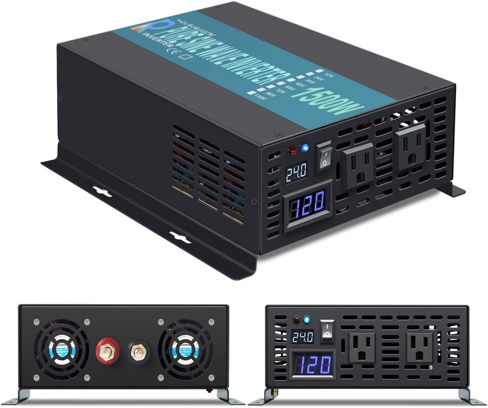 1500Watt 24V DC to 110V 120V Pure Sine Wave Power Inverter with Remote Control Dual AC Outlets A2200