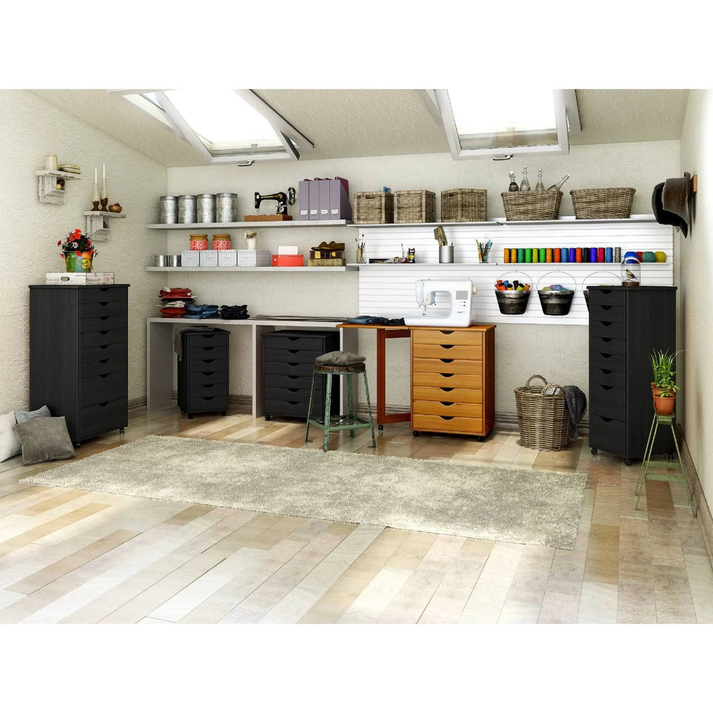 Solid Wood 6+2 Drawer Roll Cart Black P130468