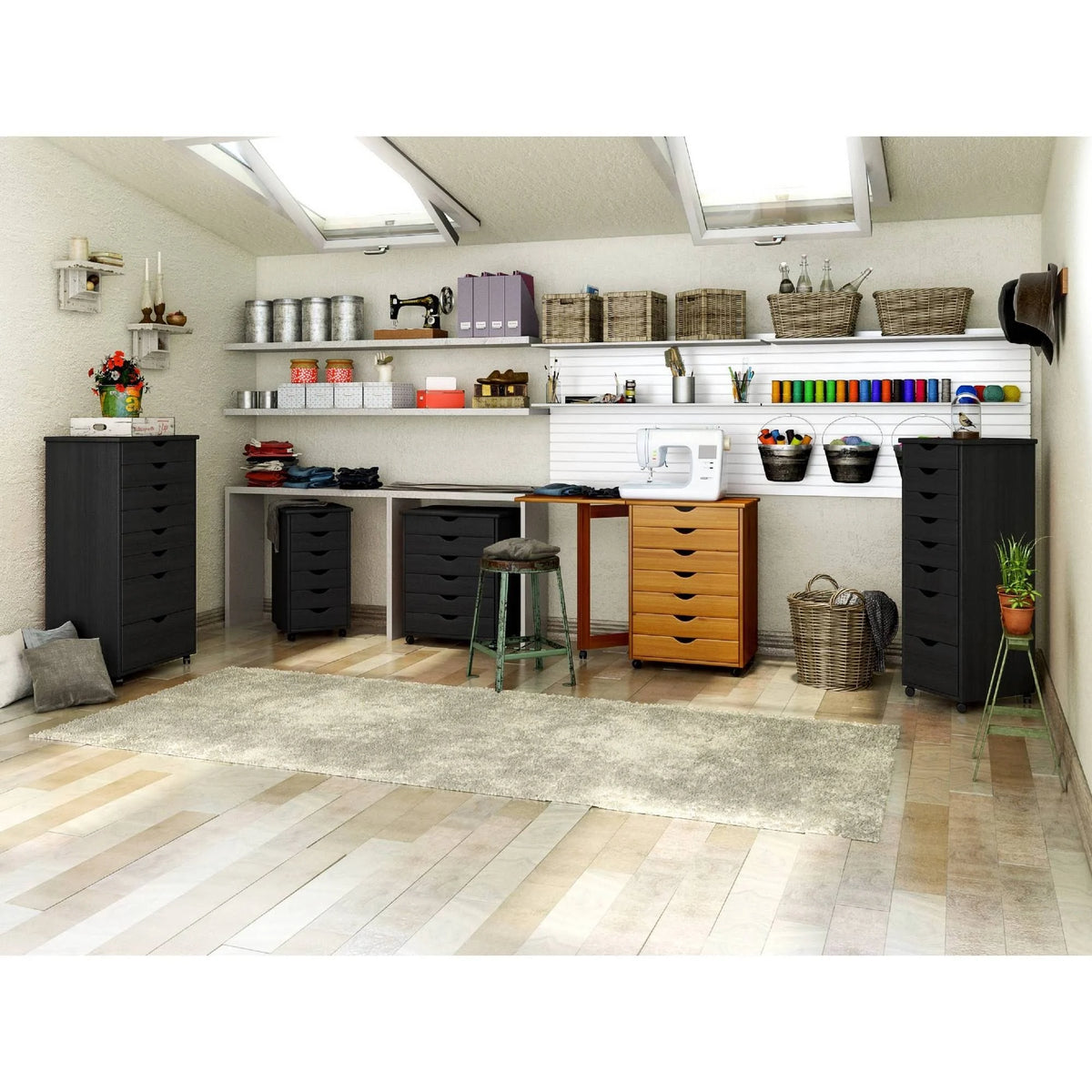 Solid Wood 6+2 Drawer Roll Cart Black P130468