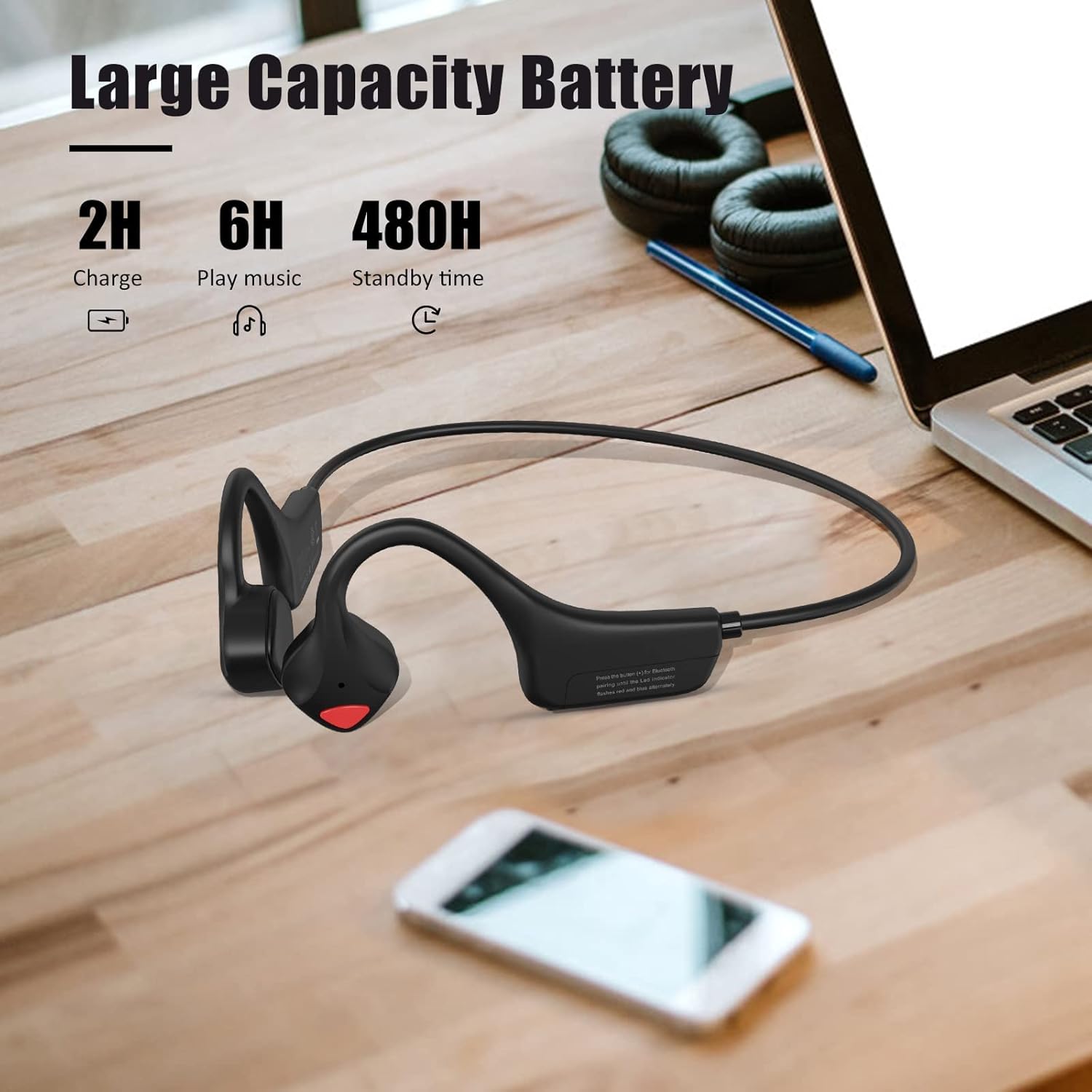Bone Conduction Headphones Bluetooth 5.0 with Mic, Titanium Lightweight, Open-Ear Wireless Sweatproof, Black J8951