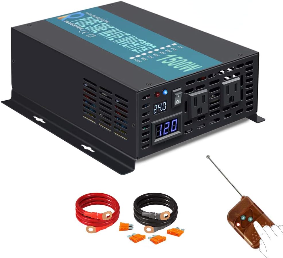 1500Watt 24V DC to 110V 120V Pure Sine Wave Power Inverter with Remote Control Dual AC Outlets A2200