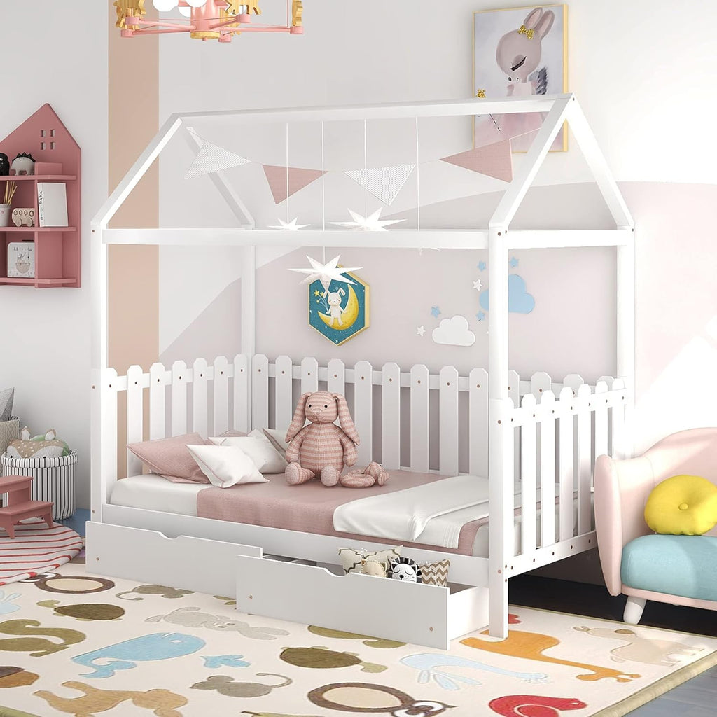 White Twin House Shape Wooden Floor Bed with Trundle Y607