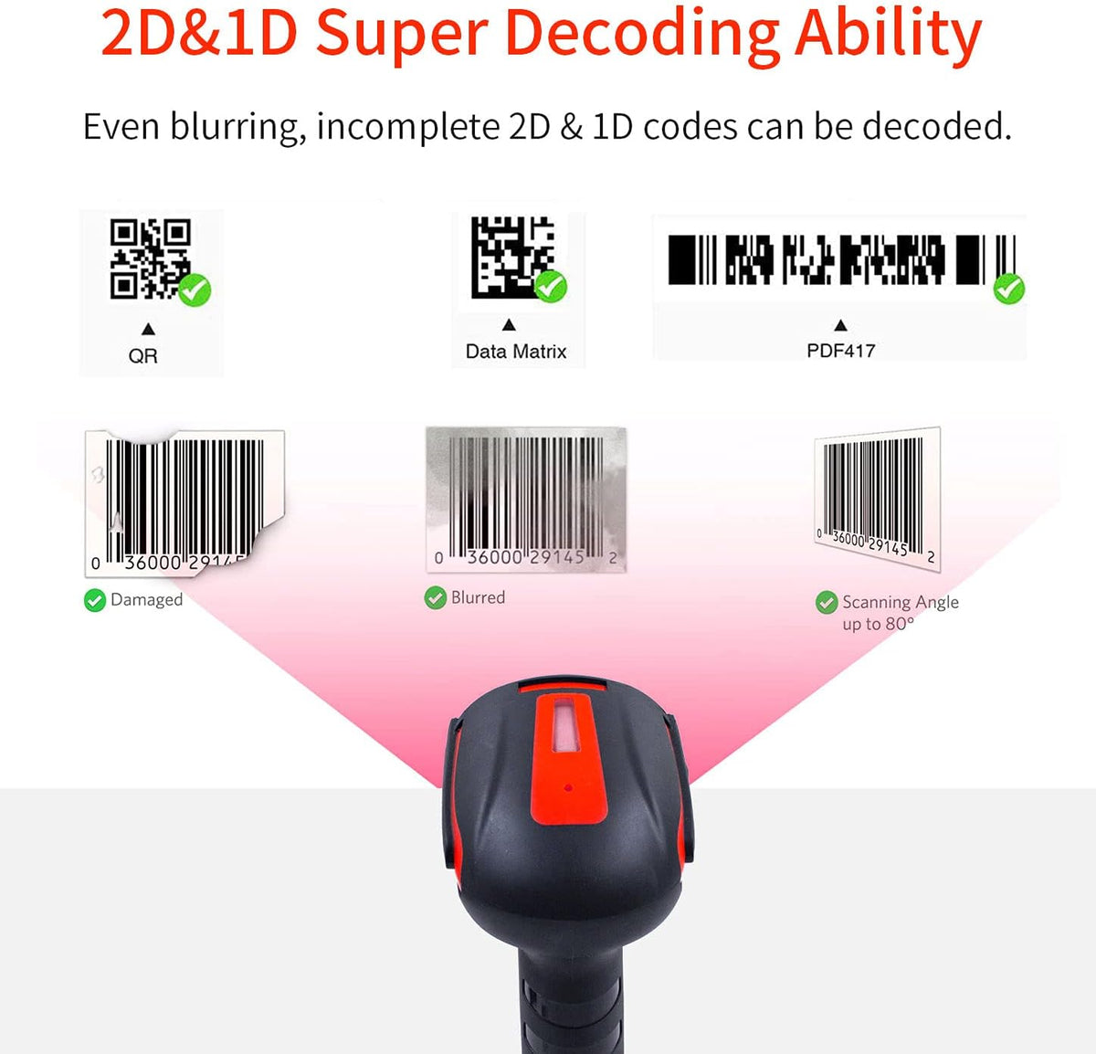 2D 1D QR Industrial Barcode Scanner with Stand, Bluetooth & 2.4GHz Wireless & Wired USB 3in1, Hands Free Barcode Reader, Pack of 2 Y412251
