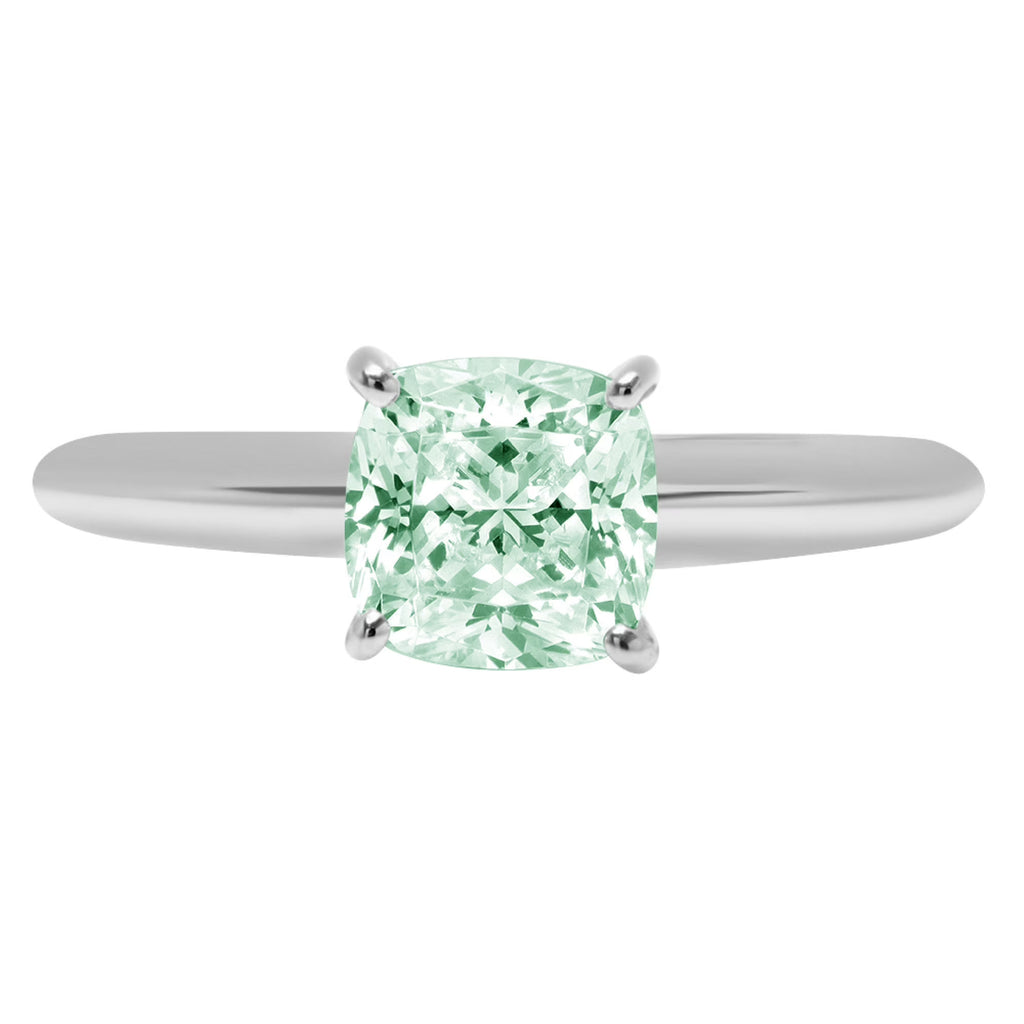 1.5ct Cushion Cut Green Simulated Diamond Solid 18k White Gold Solitaire Ring Size 3.5 R954