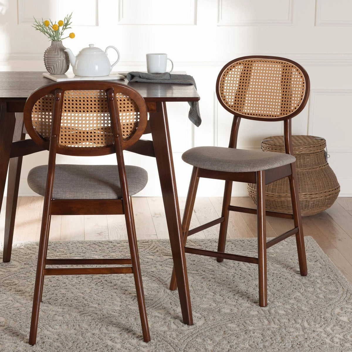 Grey Fabric and Walnut Brown Finished Wood 2-Piece Counter Stool Set L795