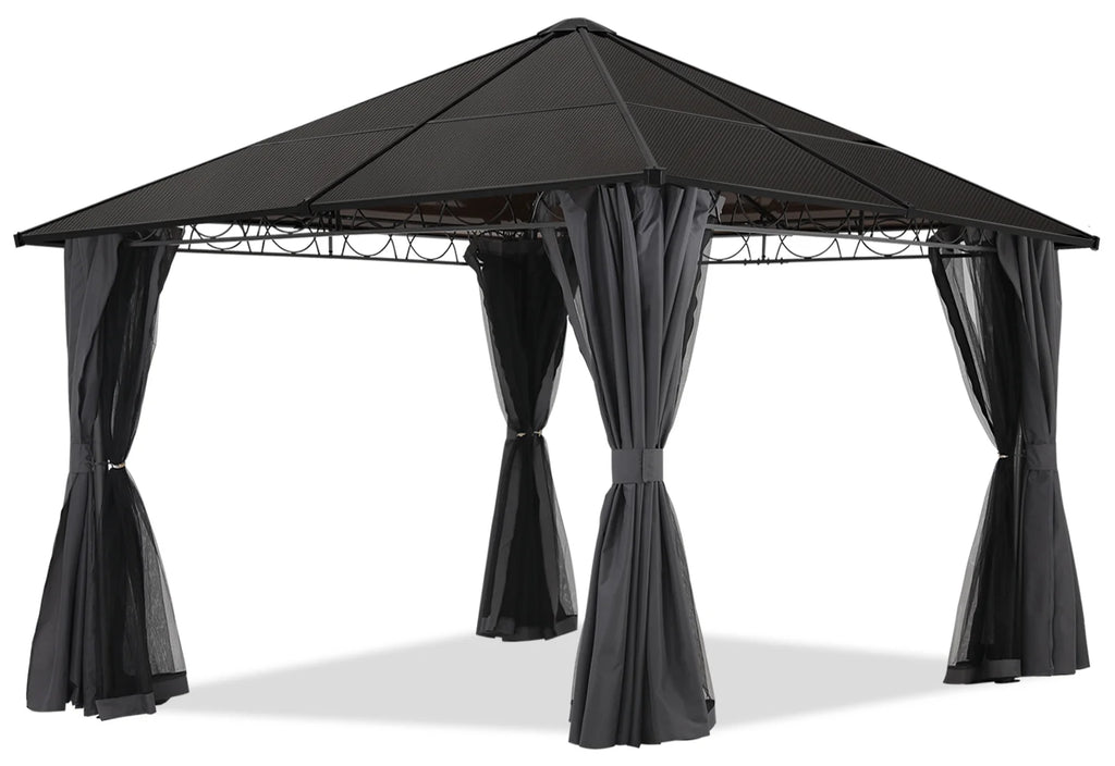 10x10 Hardtop Patio Gazebo with Netting and Screen Walls Curtains, Dark Gray W959