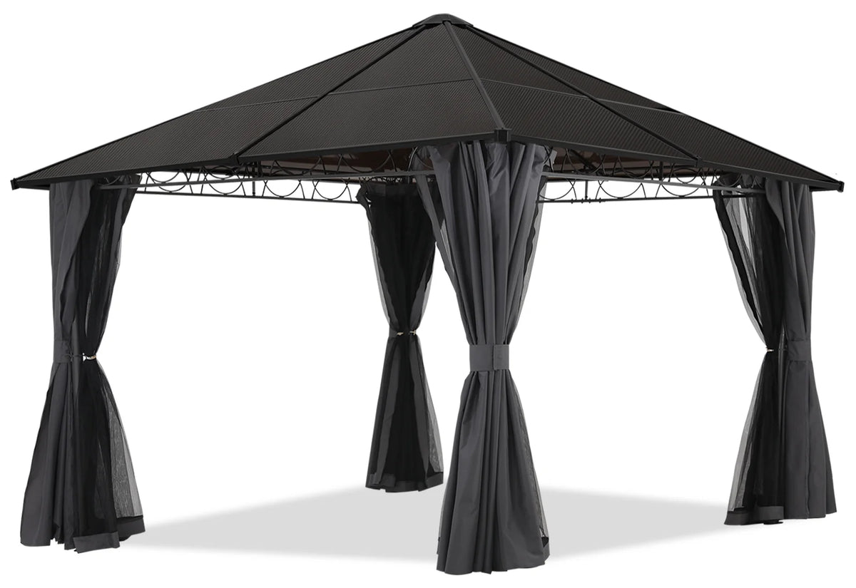 10x10 Hardtop Patio Gazebo with Netting and Screen Walls Curtains, Dark Gray W959