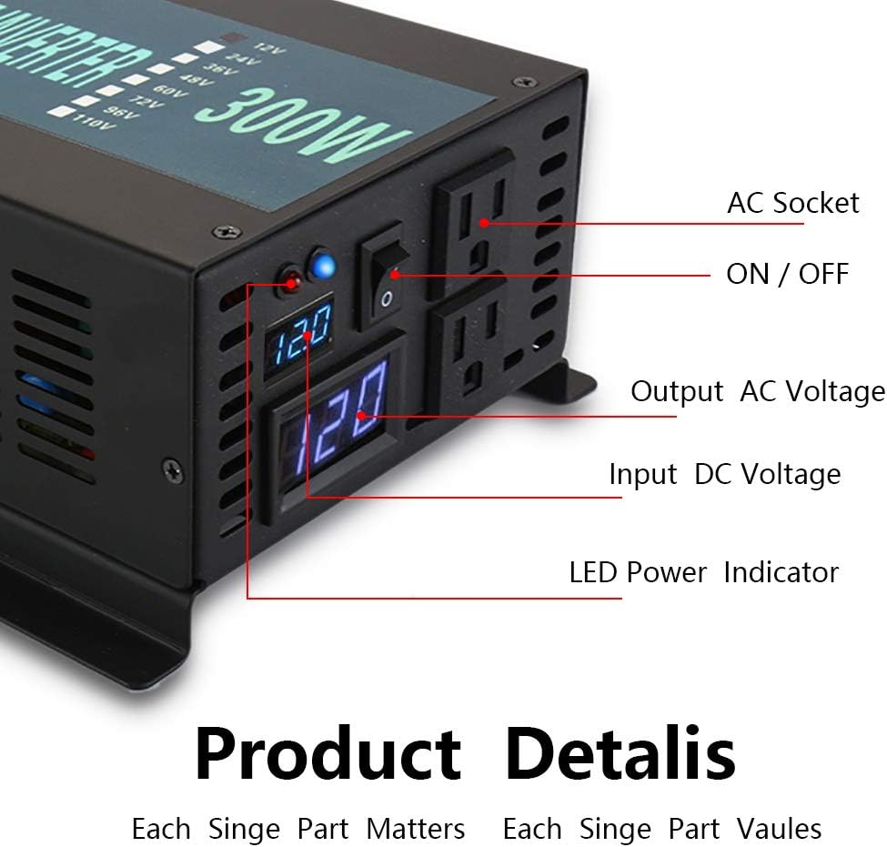 300W Pure Sine Wave Car Power Inverter 24VDC Black Pack of 2 V406614