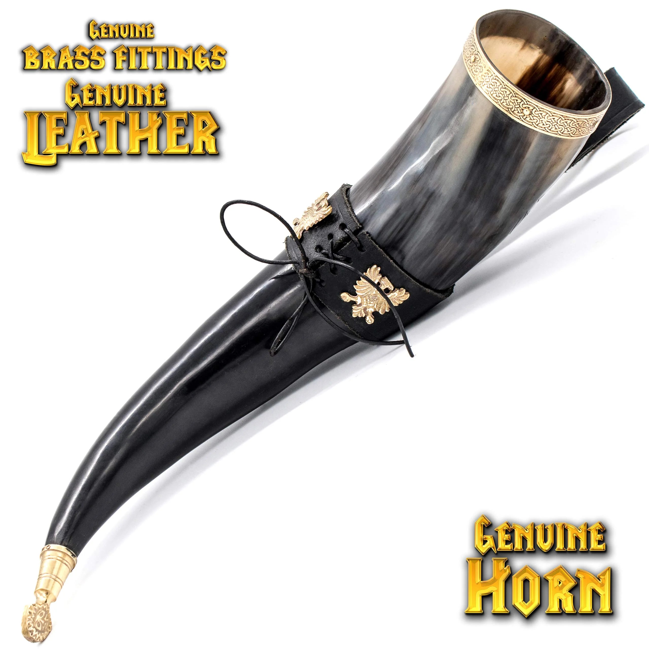 Polished Viking Drinking Horn with Black Leather Holder R86514