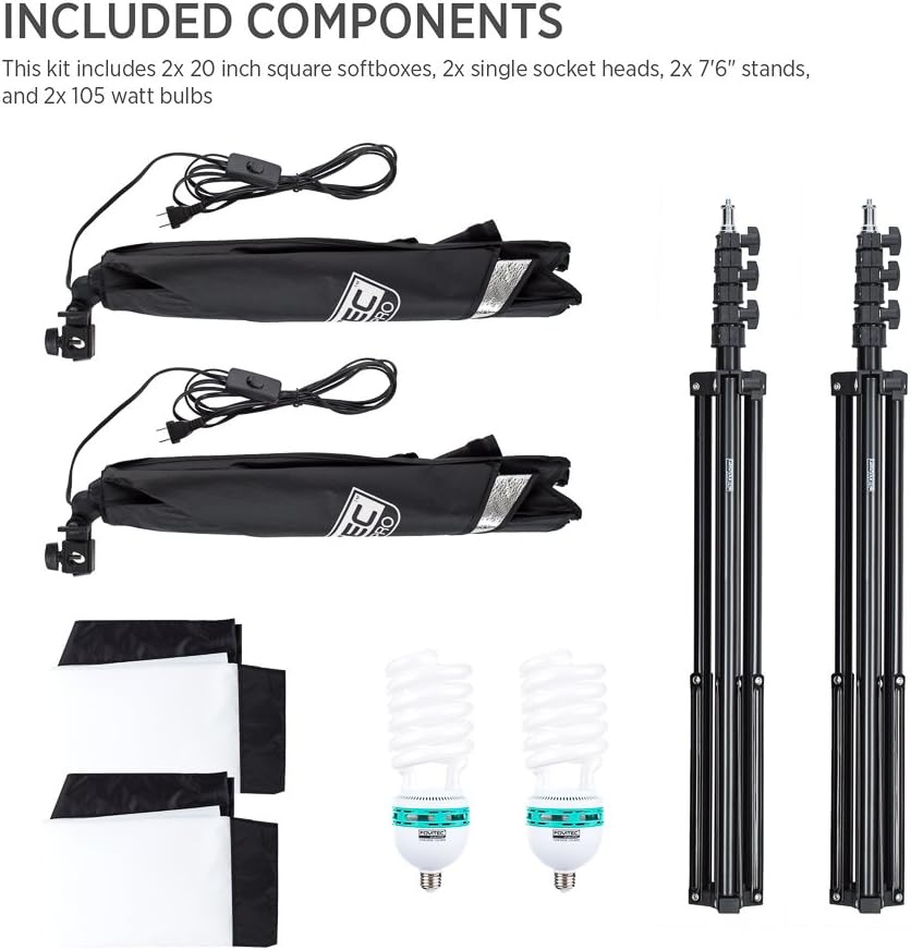 2-Light Fluorescent Studio Lighting Kit with 20"x20" Softboxes, 105W Bulbs & Light Stands B28488