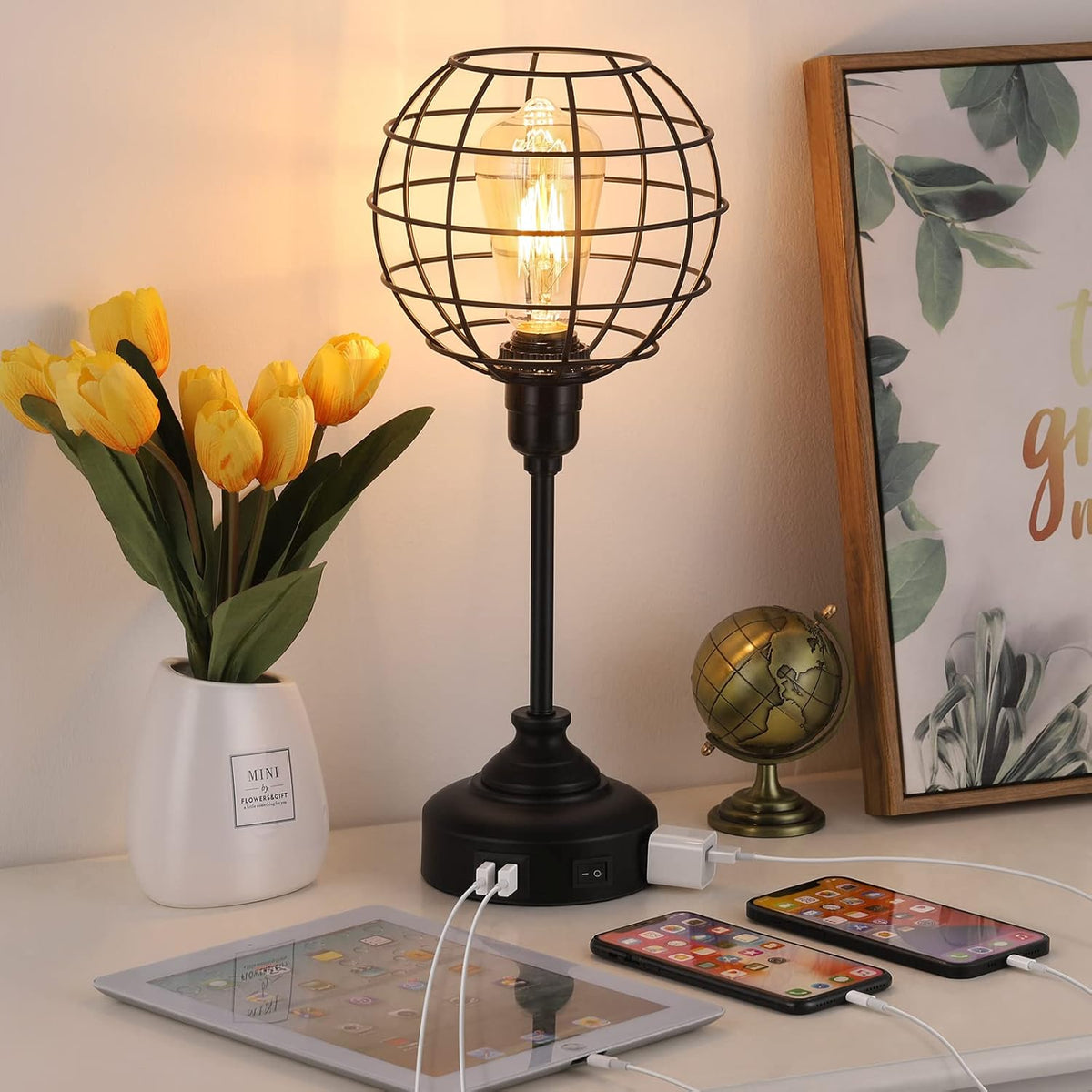 Industrial Table Lamp with USB Ports and Outlets T561434