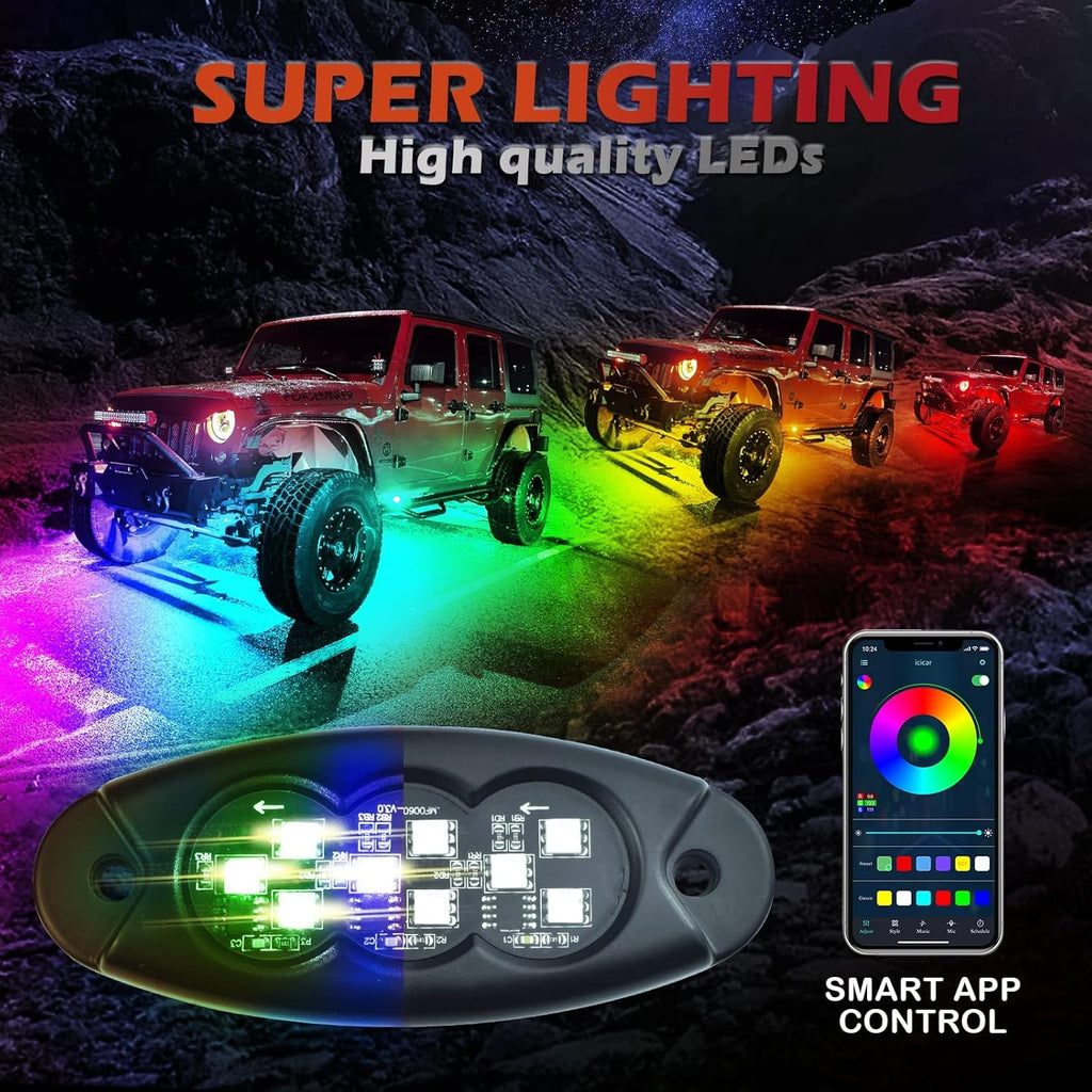 10 Pods RGB Rock Lights for Trucks, Multicolor Chasing Neon Underglow Lights Kits with APP/Remote Control & Music Mode, Waterproof IP68 Pack of 2 F773138