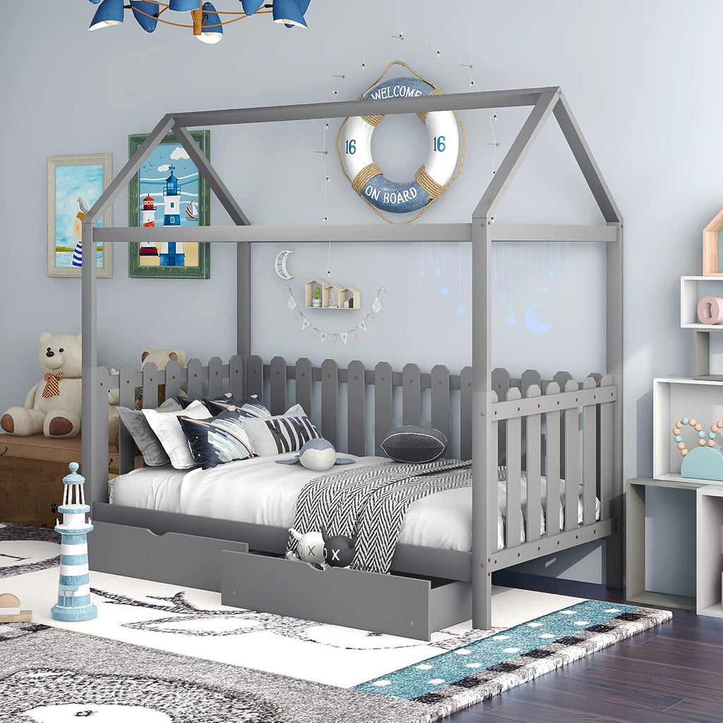 White Twin House Shape Wooden Floor Bed with Trundle Y607