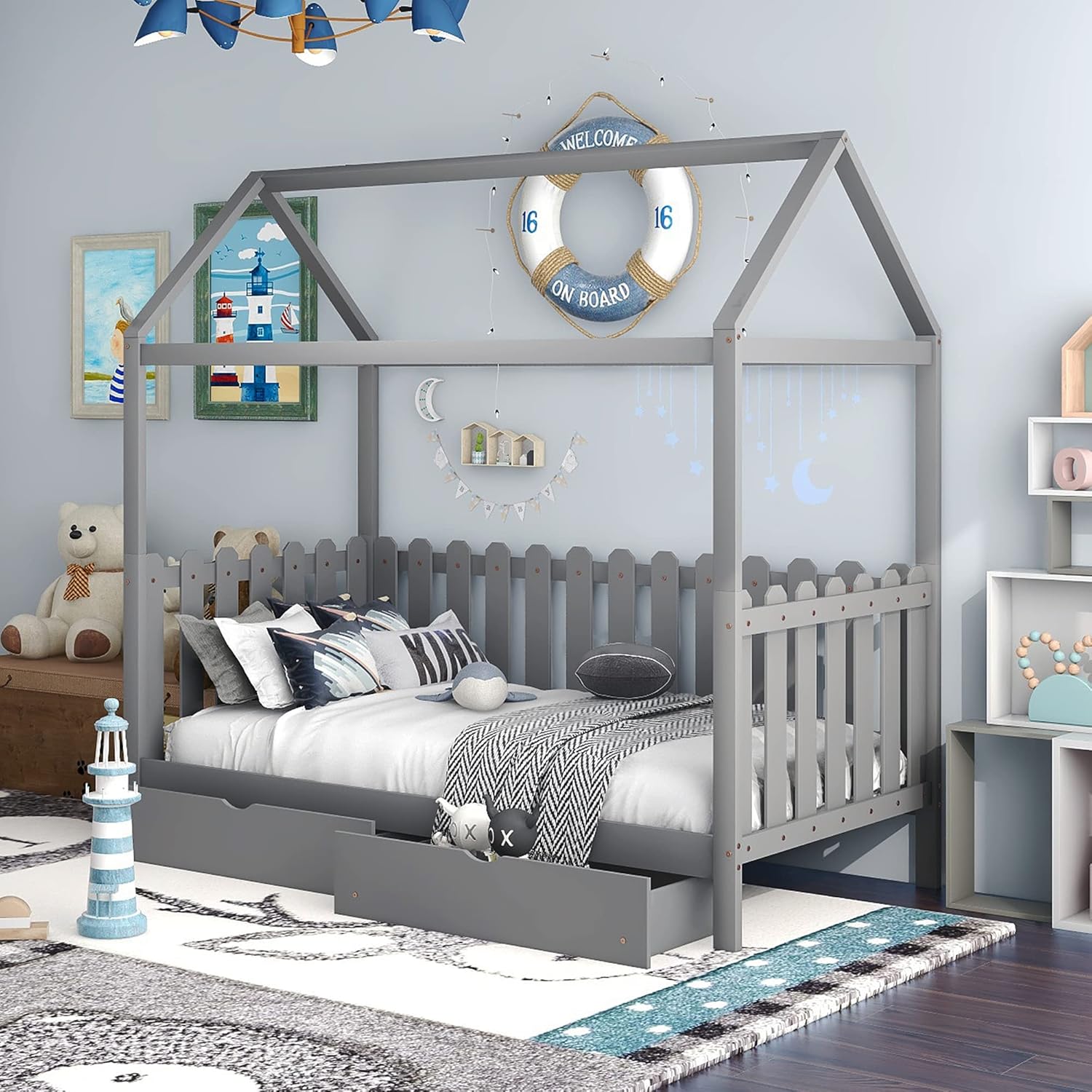 White Twin House Shape Wooden Floor Bed with Trundle Y607