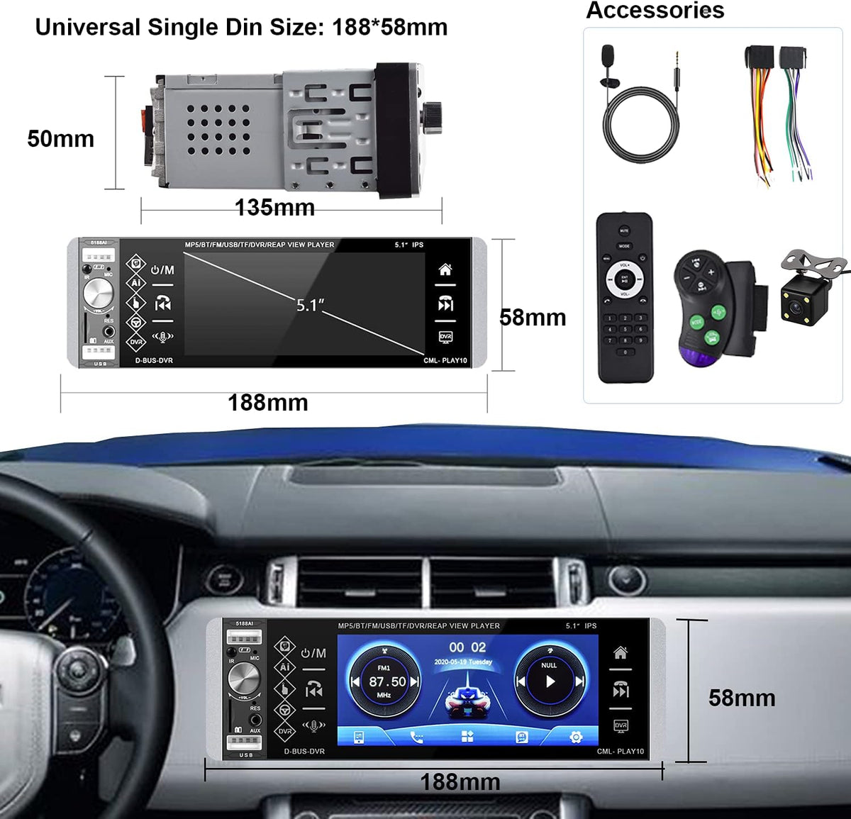 5.1” Touch Screen Bluetooth Car Stereo with Backup Camera E726