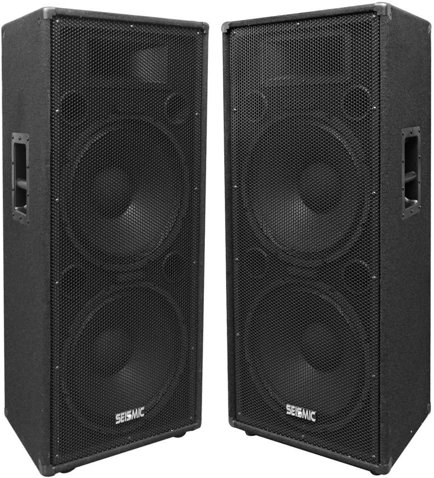 Pair of Dual 15 PA/DJ Speaker Cabinets with Titanium Horns, Wheel Kits and Rear Handles, 800 Watts RMS per Cabinet G466910
