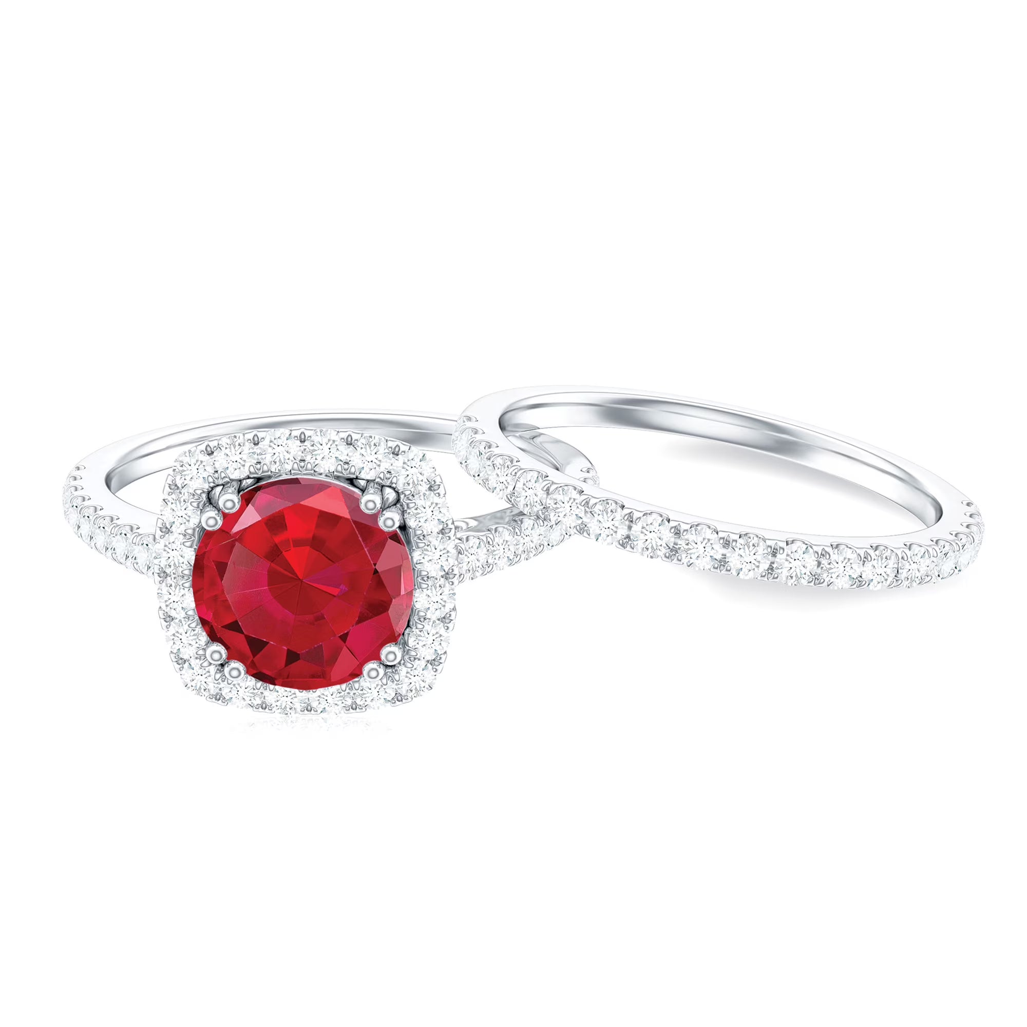 Lab Created Ruby Ring Set with Moissanite Accent, 925 Sterling Silver J29606