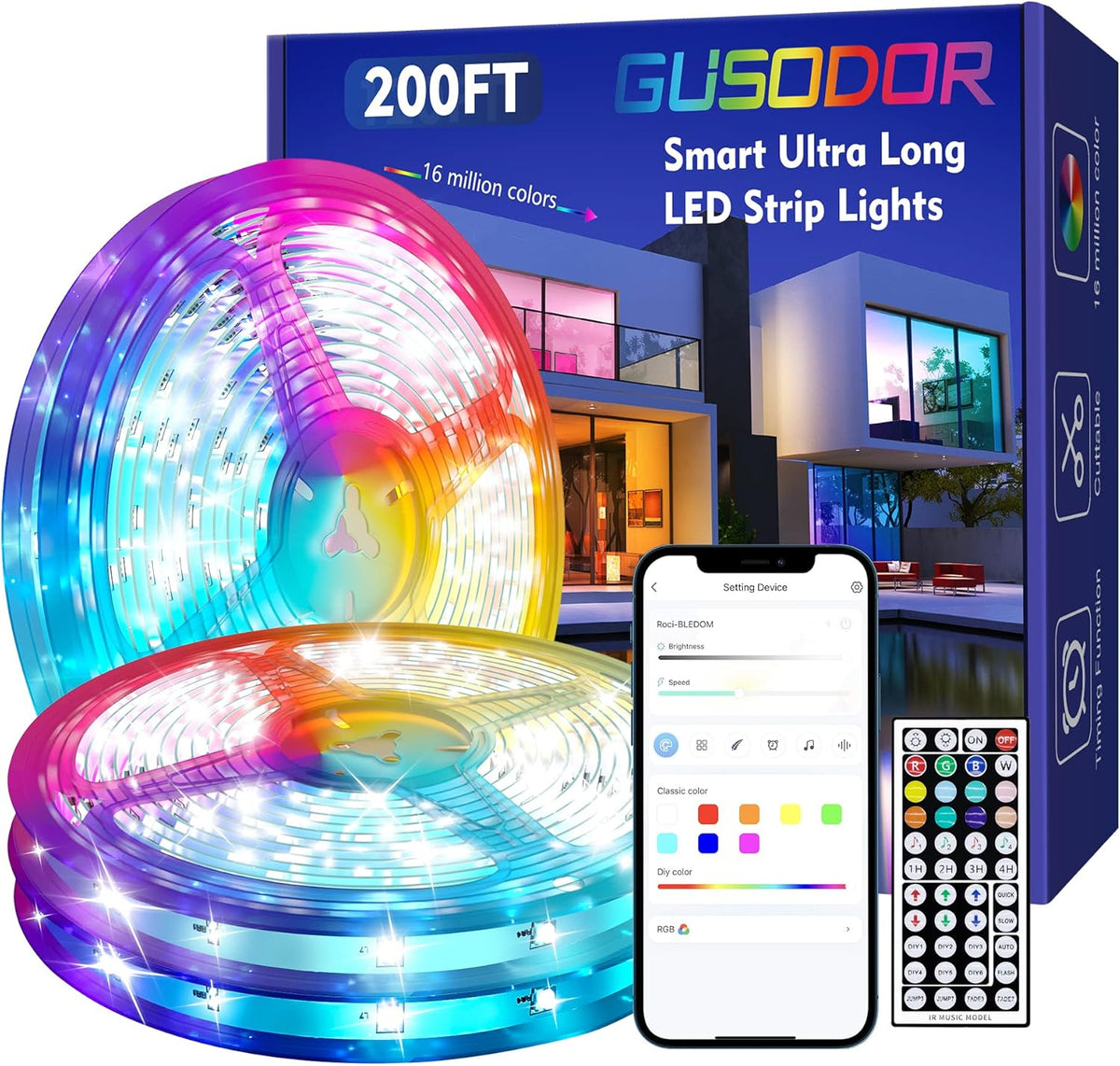 200ft RGB LED Strip Lights with Remote Control, Pack of 2 B7886