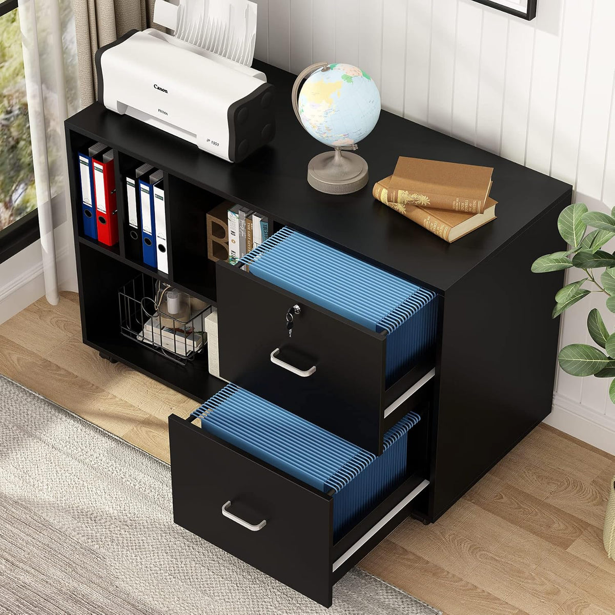 Black Lateral File Cabinet with Lock and Wheels U663200