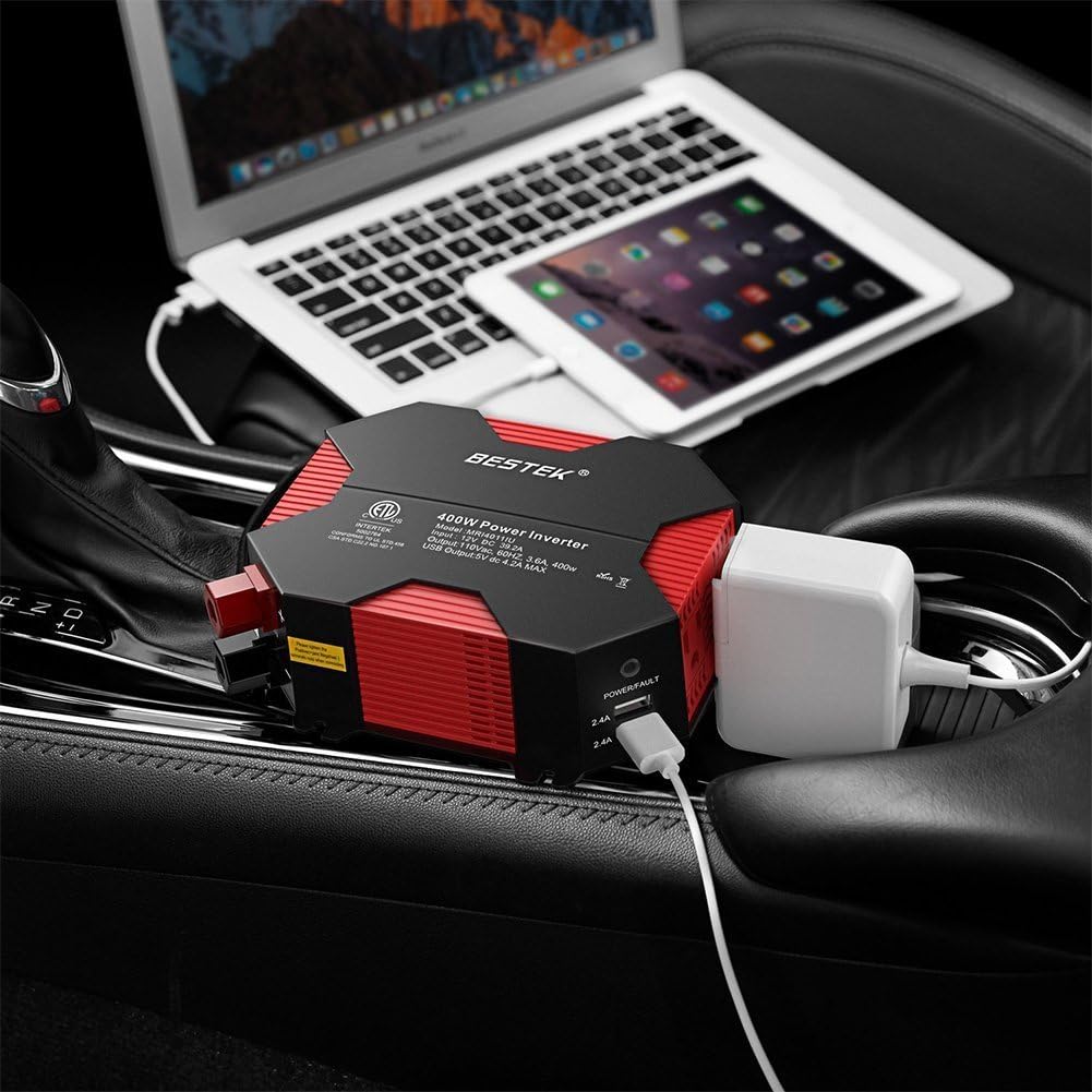 400W/500W DC 12V 110V Power Inverter with 4 USB Charging Ports, 2 AC Outlets, Pack of 2 E2407