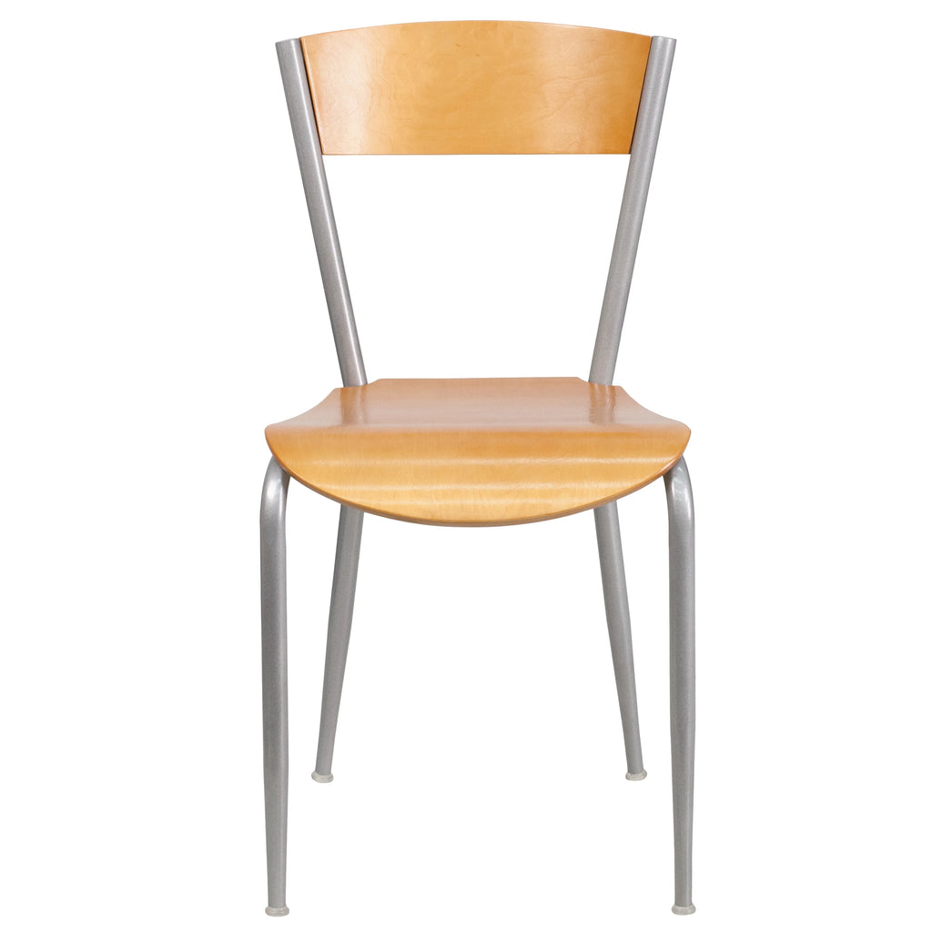 2 Pack Silver Metal Restaurant Chair with Natural Wood Back and Seat T9707