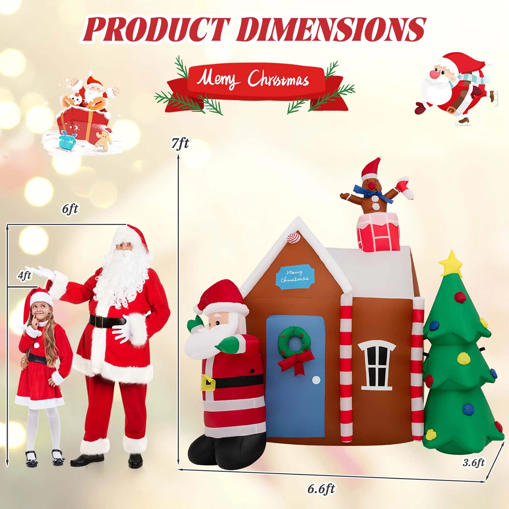 7 FT Inflatable Christmas Ginger House with Santa Claus Christmas Tree LED Lights W841110
