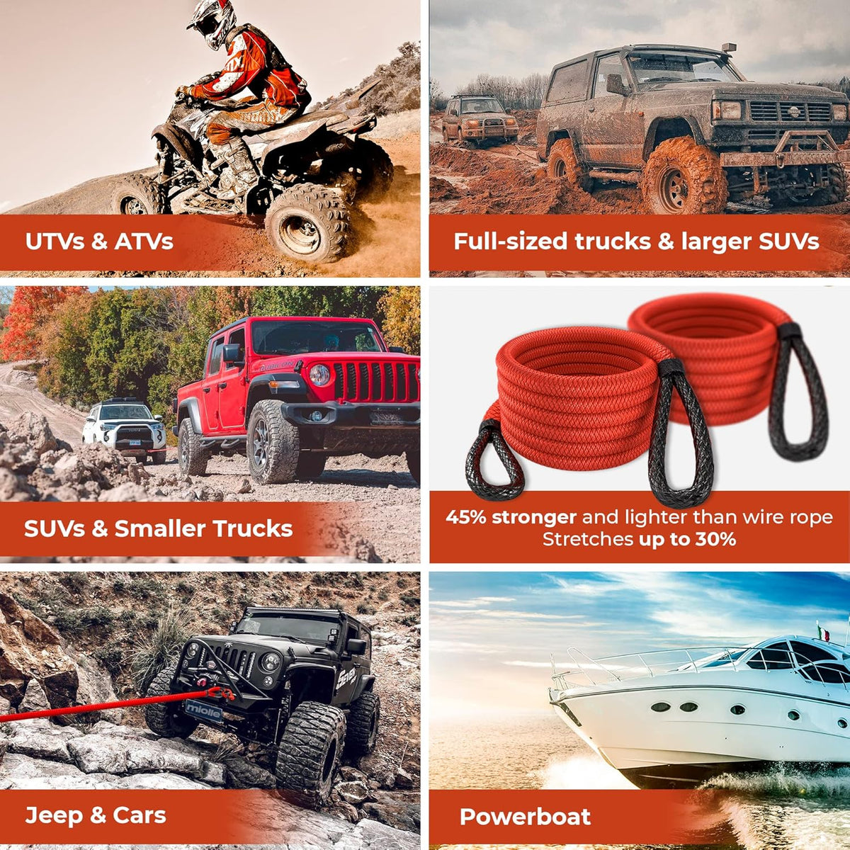 7/8" x 30' Kinetic Recovery & Tow Rope, Red, with 2 Spectra Fiber Soft Shackles D932557
