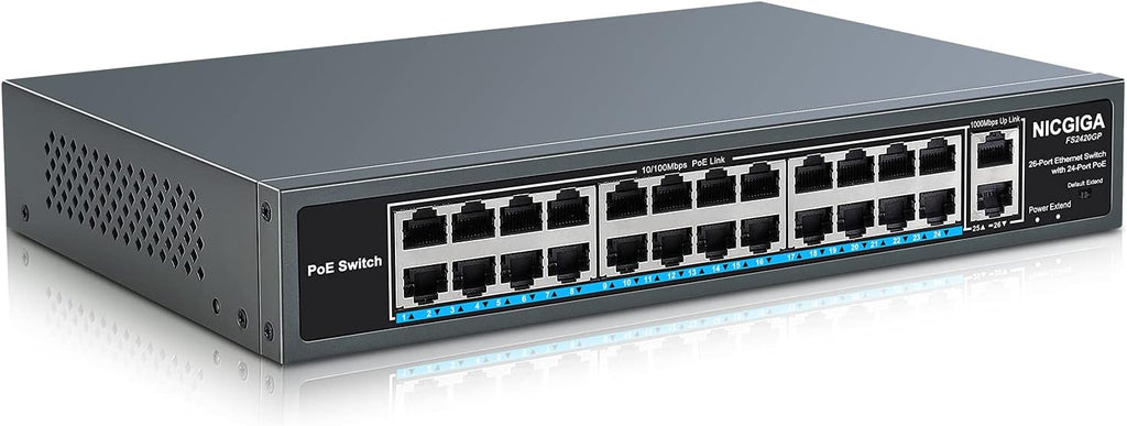 26 Port PoE Switch with 24 Ports 10/100Mbps PoE+@400W, 2 Gigabit Uplink Ports, Metal Case T168345